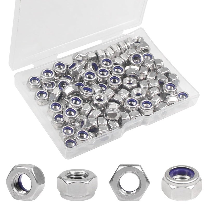 Yinpecly 100PCS M6 Locknuts M6x1.0mm Nylon Insert Hex Lock Nuts 304 Stainless Steel Metric Self-Locking Nylon Lock Nut for Industrial Construction Fasteners - Image 1